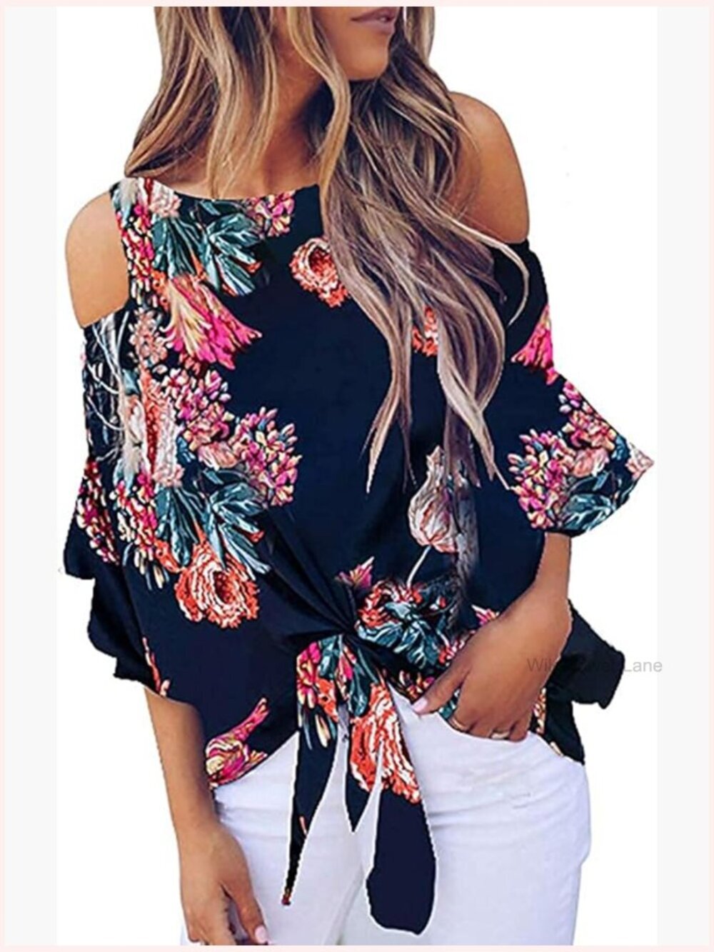 Cold Shoulder Blouse Bell Sleeve Tie Knot Casual Summer Shirt